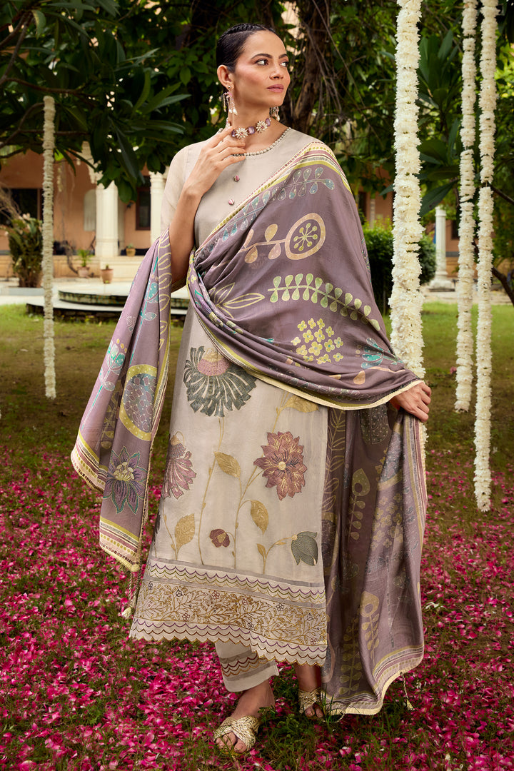 Designer Beige Tissue Jacquard Salwar Kameez With Embroidered Work