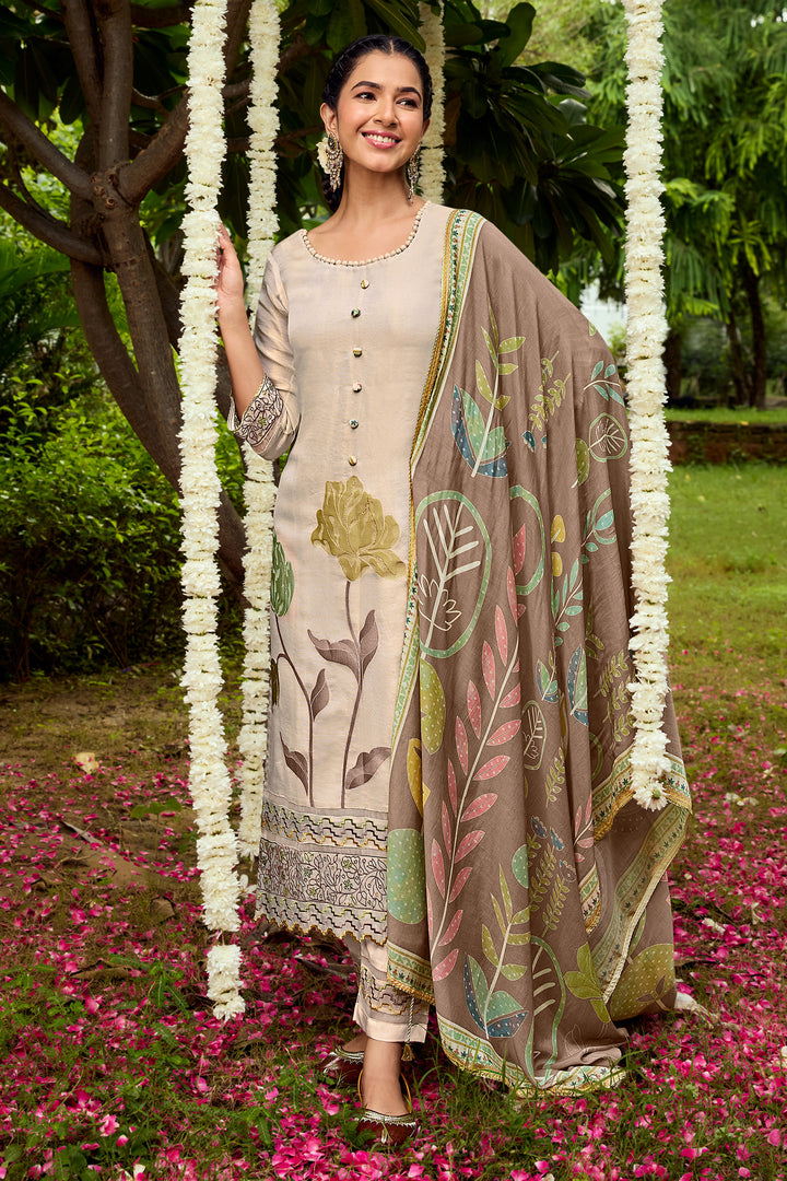 Luxury Beige Ethnic Suit With Fancy Embroidery And Digital Print Dupatta