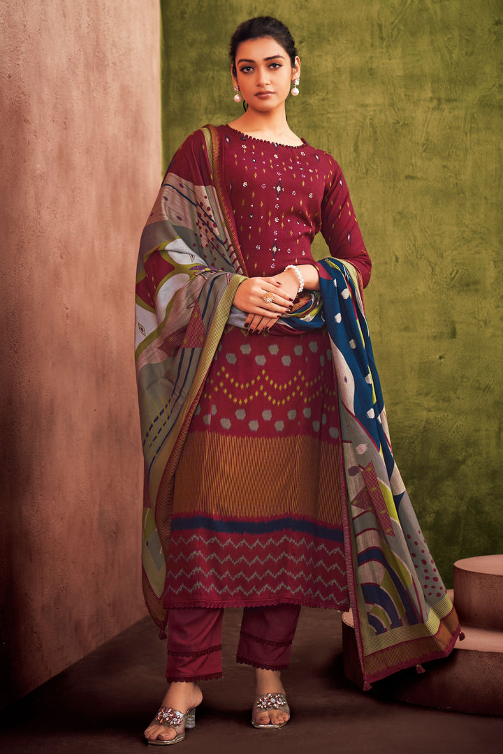 Maroon Color Pure Pashmina Digital Print Salwar Kameez