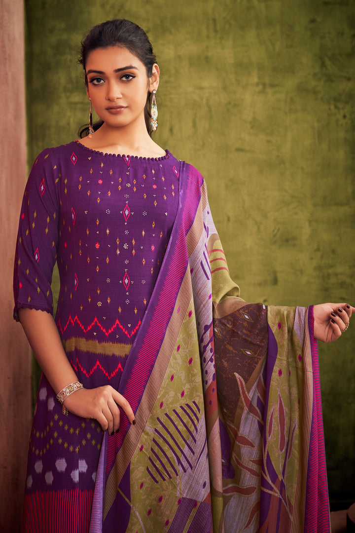 Pure Pashmina Digital Print Purple Salwar Suit