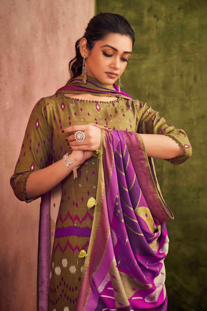 Pure Pashmina Digital Print Suit In Brown Color