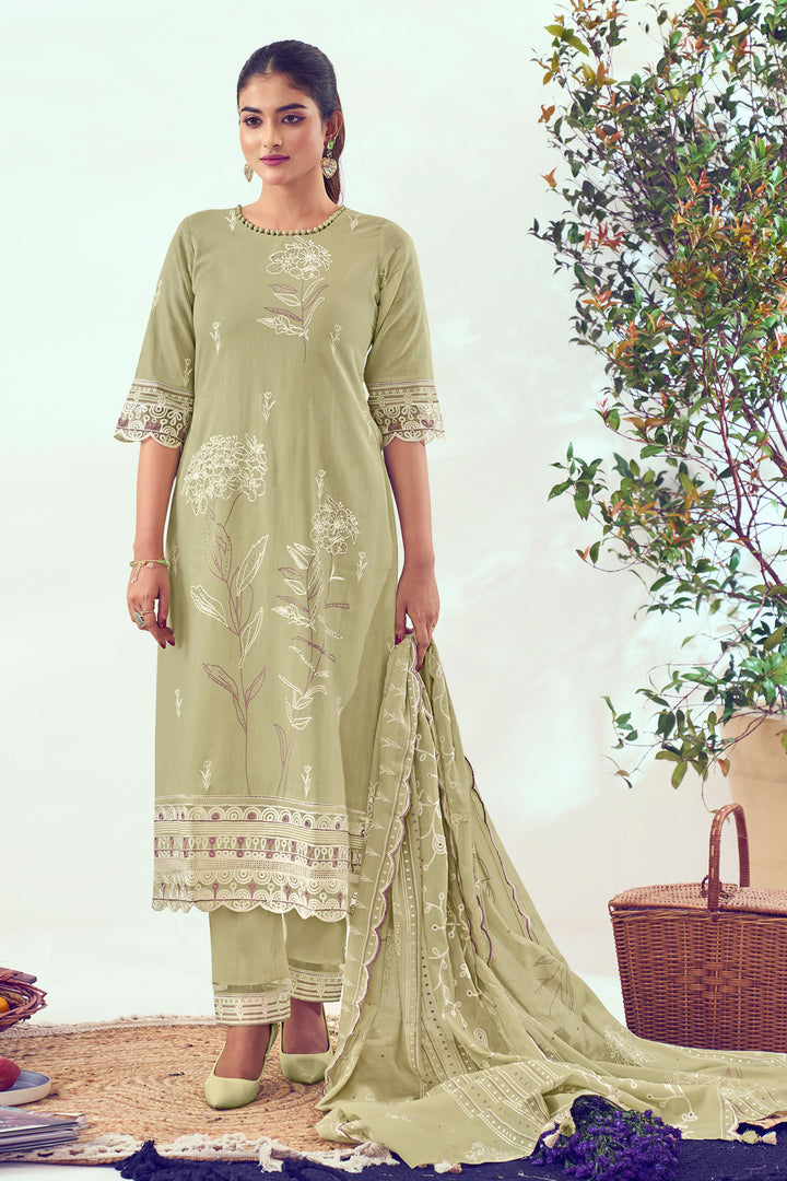 Olive Green Pure Cotton Hand Block Print With Handwork Beautiful Suit