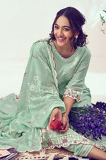 Load image into Gallery viewer, Excellent Pure Cotton Hand Block Print With Handwork Salwar Kameez In Light Cyan Color
