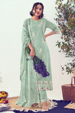 Load image into Gallery viewer, Excellent Pure Cotton Hand Block Print With Handwork Salwar Kameez In Light Cyan Color
