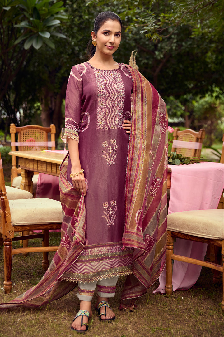 Purple Pure Tissue Hand Batik Print With Hand Work Salwar Suit