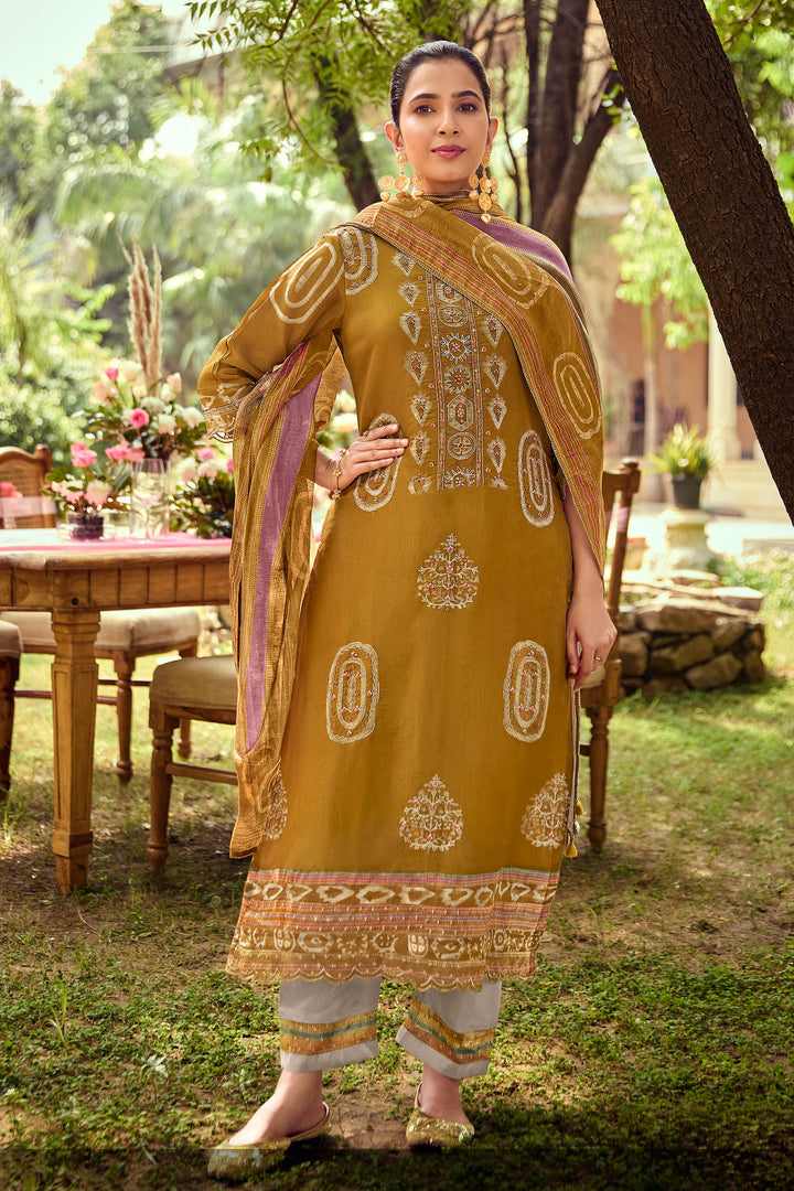 Mustard Pure Tissue Hand Batik Print With Hand Work Dress