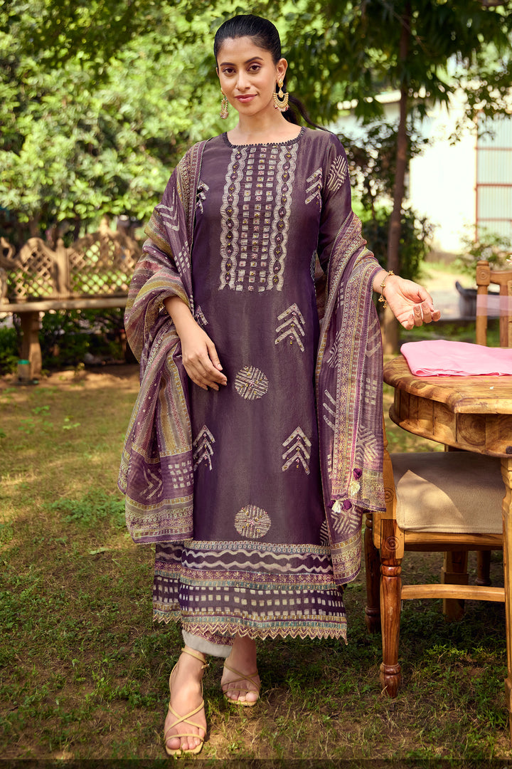 Pure Tissue Hand Batik Print With Hand Work Salwar Suit In Purple Color