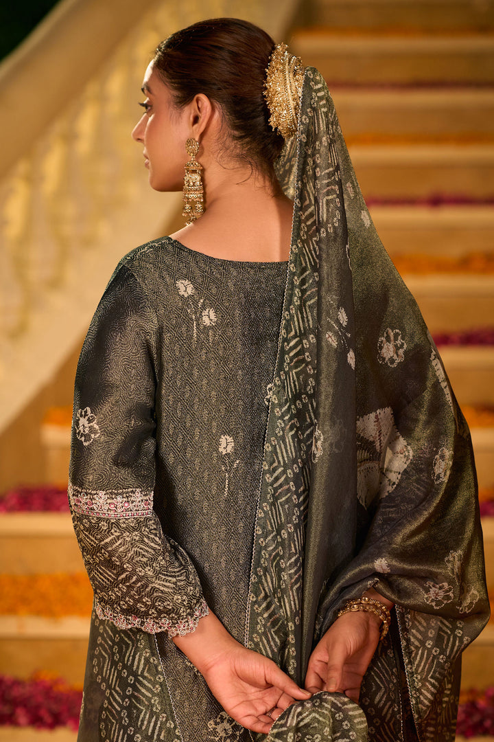 Designer Organza Jacquard Digital Print Salwar Suit With Fancy Lace Work