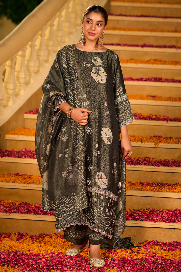 Designer Organza Jacquard Digital Print Salwar Suit With Fancy Lace Work