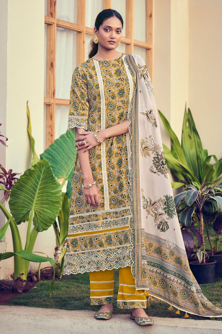 Traditional Block Print Cotton Salwar Kameez With Printed Bottom