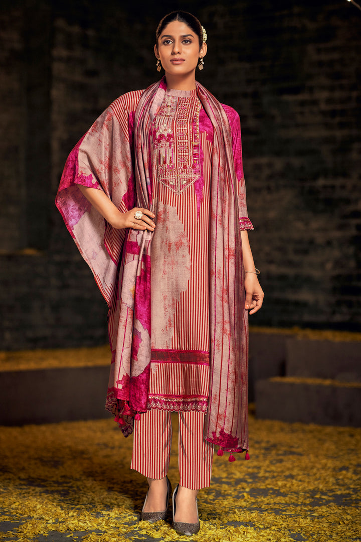 Pure Muslin Silk Digital Print Straight Cut Salwar Kameez In Maroon Color