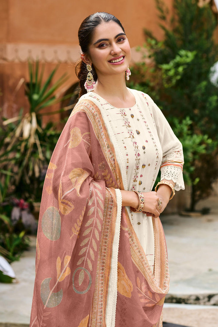 Premium Mal Chanderi Jacquard Beige Embroidered Casual Salwar Kameez