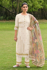 Load image into Gallery viewer, Elegant Beige Mal Chanderi Jacquard Embroidered Casual Salwar Kameez