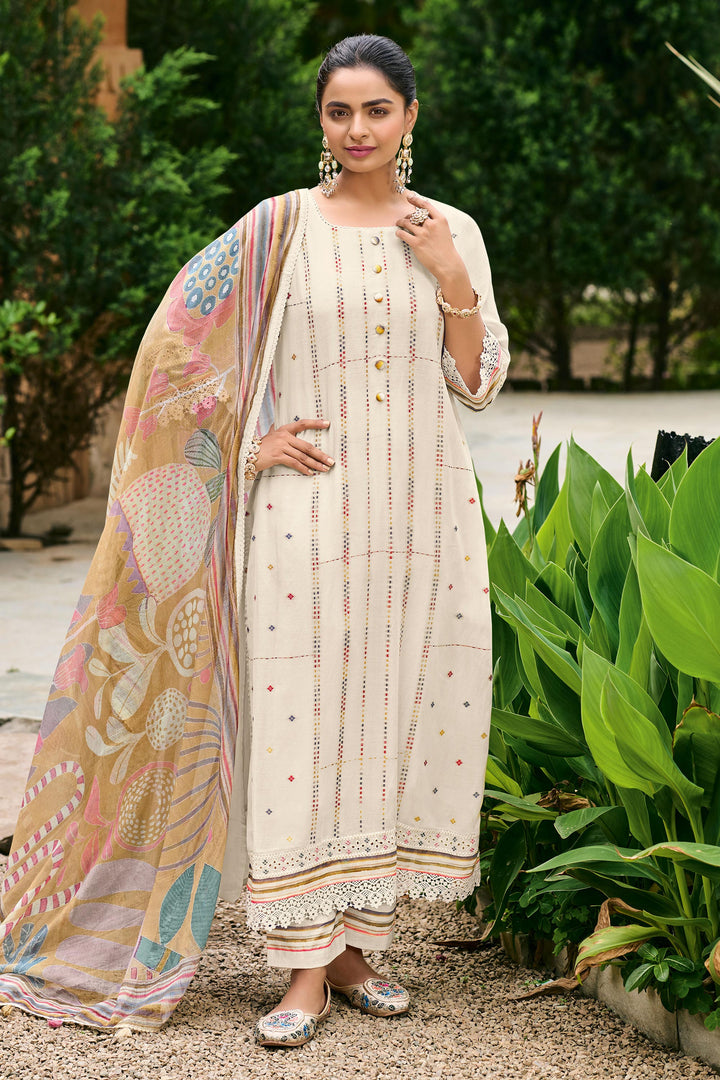 Designer Beige Chanderi Jacquard Embroidered Salwar Kameez