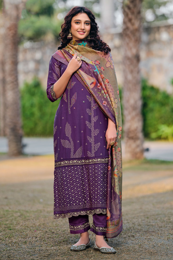 Purple Pure Muslin Shimmer Digital Print Long Salwar Suit