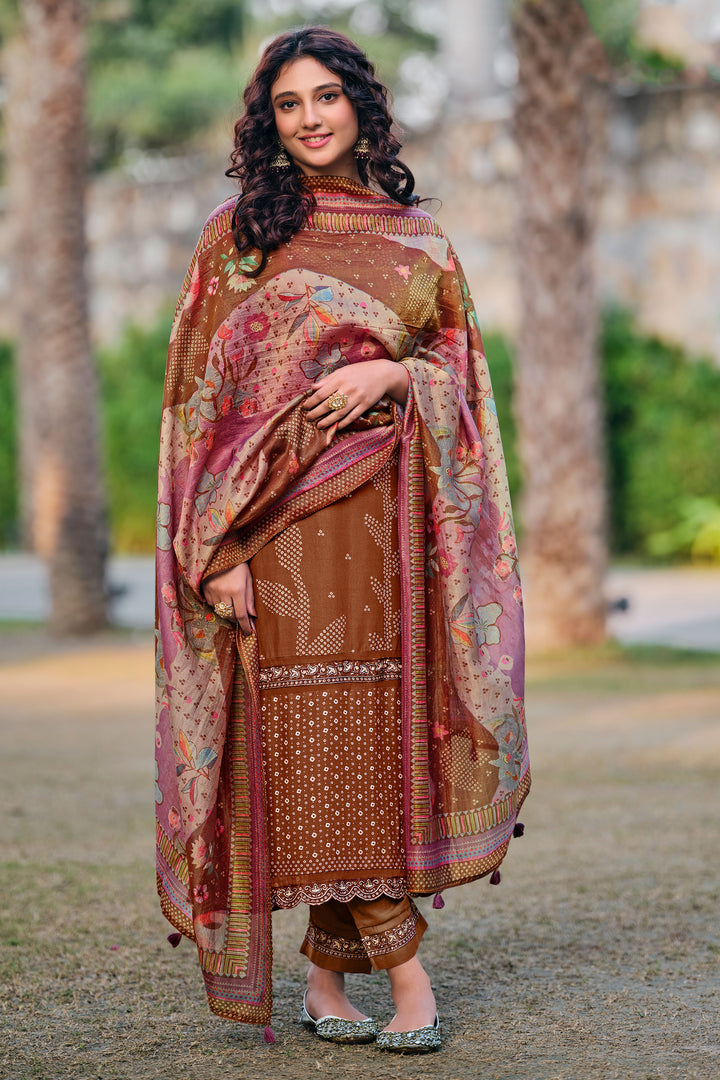 Brown Pure Muslin Shimmer Digital Print Long Suit