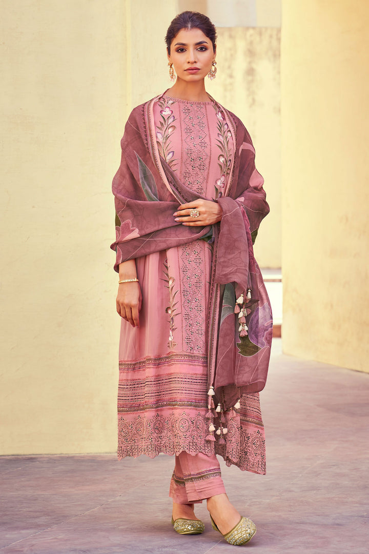 Pink Color Pure Organza Fabric Embroidered Designer Long Salwar Kameez