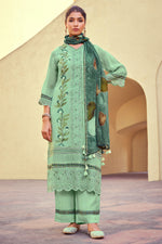 Load image into Gallery viewer, Sea Green Color Pure Organza Fabric Embroidered Long Palazzo Salwar Kameez

