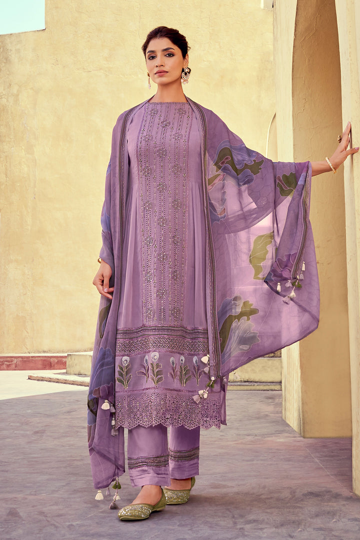 Purple Color Pure Organza Fabric Embroidered Designer Long Salwar Suit