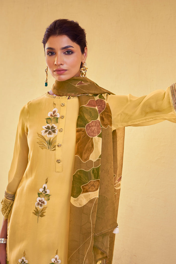Yellow Color Pure Organza Fabric Embroidered Long Palazzo Salwar Suit