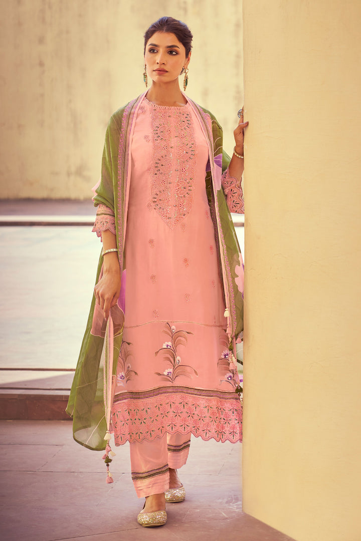 Pink Color Pure Organza Fabric Embroidered Designer Long Suit