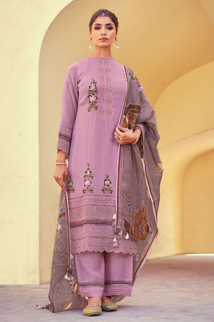 Purple Color Pure Organza Fabric Embroidered Long Palazzo Suit