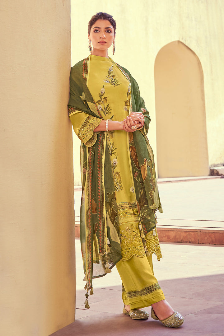 Pure Organza Fabric Embroidered Long Palazzo Suit In Yellow Color