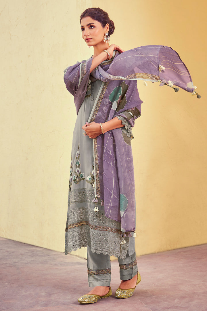 Pure Organza Fabric Embroidered Designer Long Salwar Kameez In Grey Color