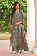 Load image into Gallery viewer, Grey Pure Pashmina Shimmar Embroidery Digital Print Long Salwar Suit
