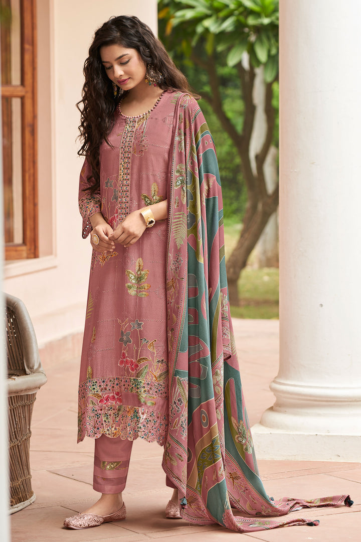 Pink Color Pure Pashmina Shimmar Embroidery Digital Print Long Suit