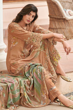 Load image into Gallery viewer, Pure Pashmina Shimmar Embroidery Digital Print Long Salwar Kameez In Peach Color
