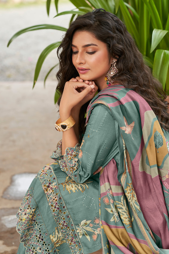 Shimmar Embroidery Digital Print Long Suit In Grey Color