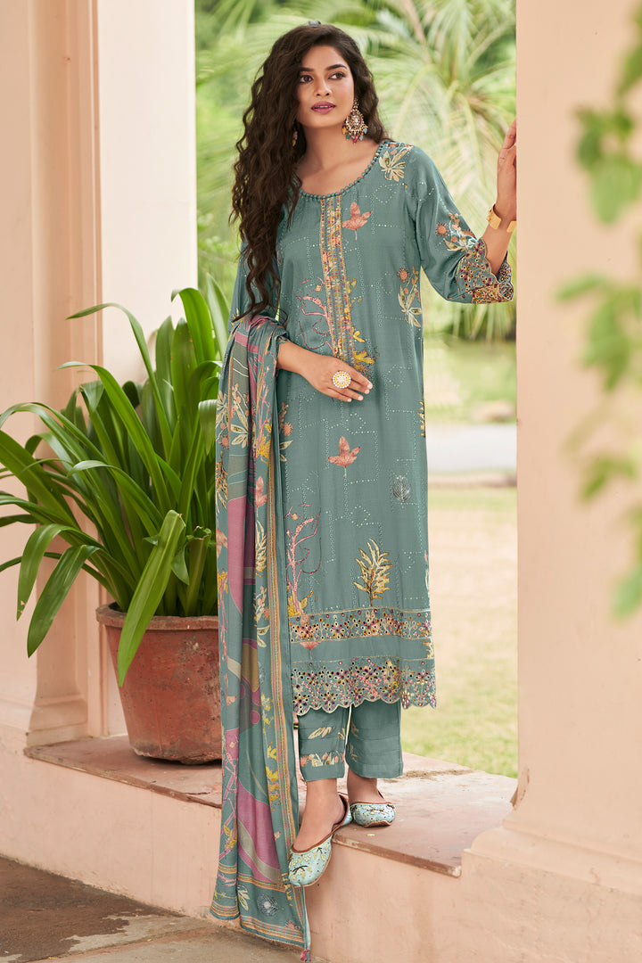 Shimmar Embroidery Digital Print Long Suit In Grey Color