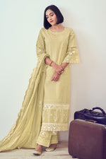 Load image into Gallery viewer, Beige Pure Organdy Khadi Block Print With Fancy Embroidery Designer Salwar Kameez
