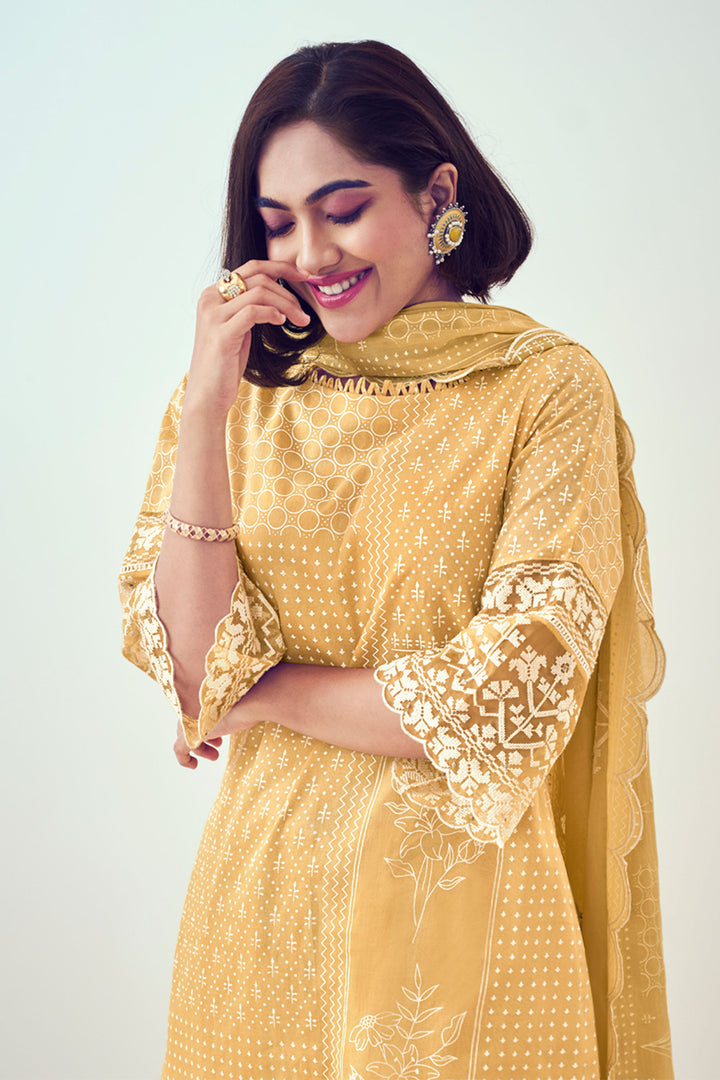 Yellow Pure Organdy Khadi Block Print With Fancy Embroidery Designer Suit