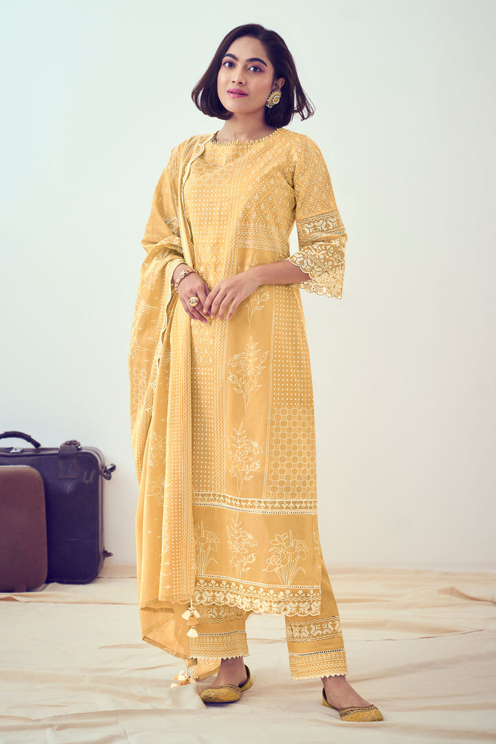 Yellow Pure Organdy Khadi Block Print With Fancy Embroidery Designer Suit