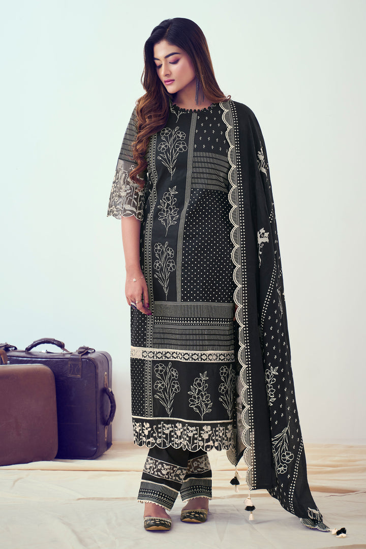 Black Pure Organdy Khadi Block Print With Fancy Embroidery Designer Dress
