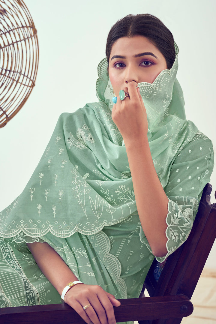 Pure Organdy Khadi Block Print With Fancy Embroidery Designer Salwar Kameez In Sea Green Color