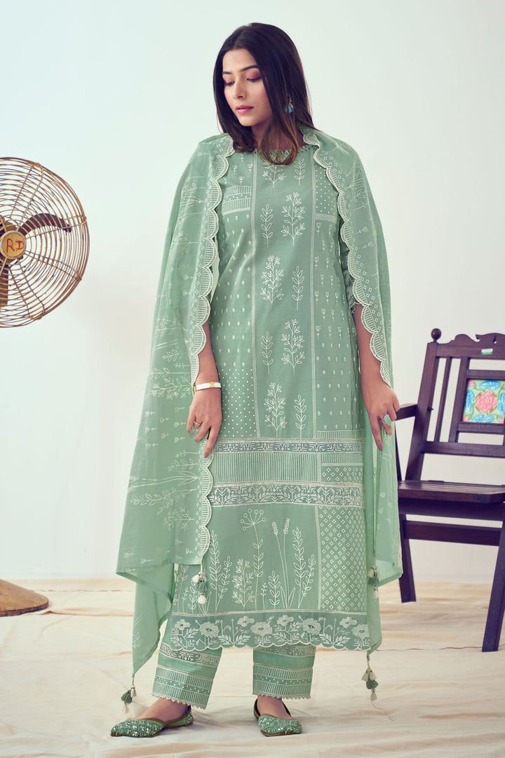 Pure Organdy Khadi Block Print With Fancy Embroidery Designer Salwar Kameez In Sea Green Color