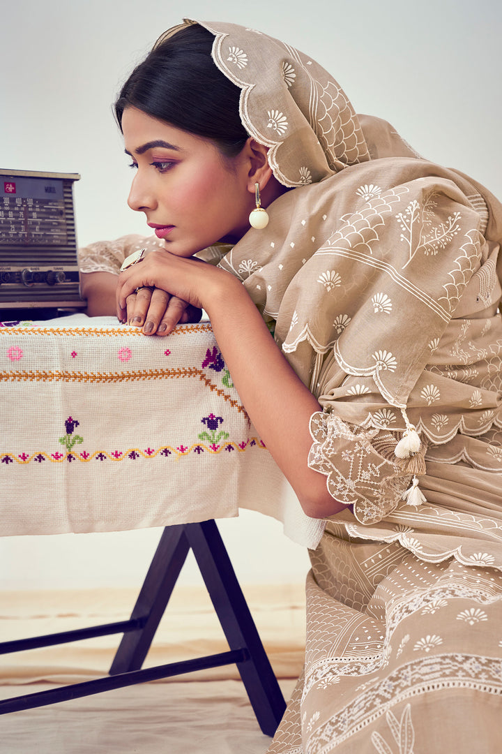 Pure Organdy Khadi Block Print With Fancy Embroidery Designer Salwar Suit In Dark Beige Color