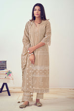 Load image into Gallery viewer, Pure Organdy Khadi Block Print With Fancy Embroidery Designer Salwar Suit In Dark Beige Color
