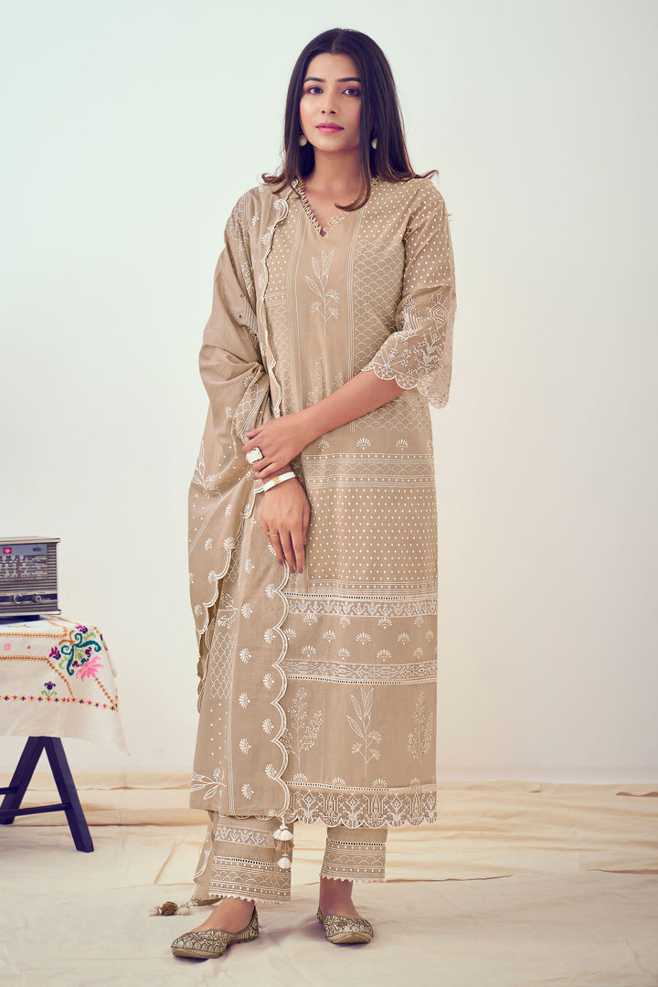 Pure Organdy Khadi Block Print With Fancy Embroidery Designer Salwar Suit In Dark Beige Color