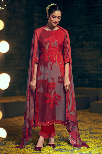 Red Color Pure Pashmina Digital Print Salwar Kameez