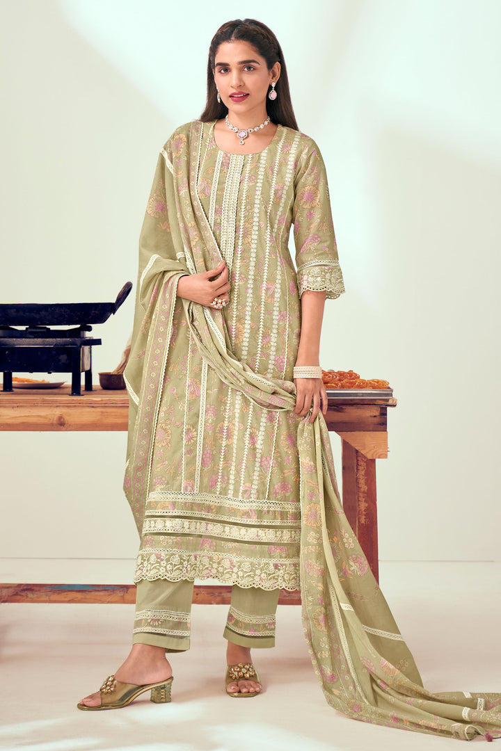 Beige Pure Cotton Block Print With Embroidery Work Long Salwar Kameez