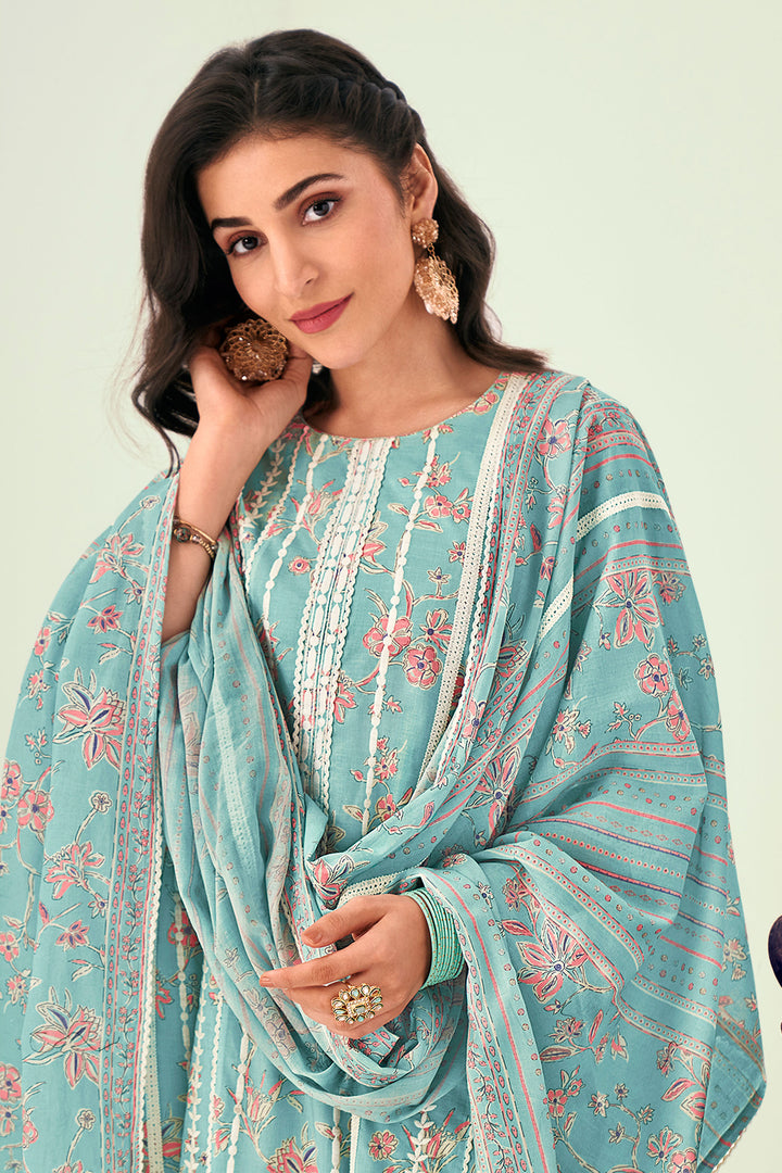 Light Cyan Color Pure Cotton Block Print With Embroidery Work Long Salwar Suit