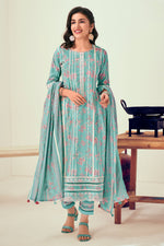 Load image into Gallery viewer, Light Cyan Color Pure Cotton Block Print With Embroidery Work Long Salwar Suit
