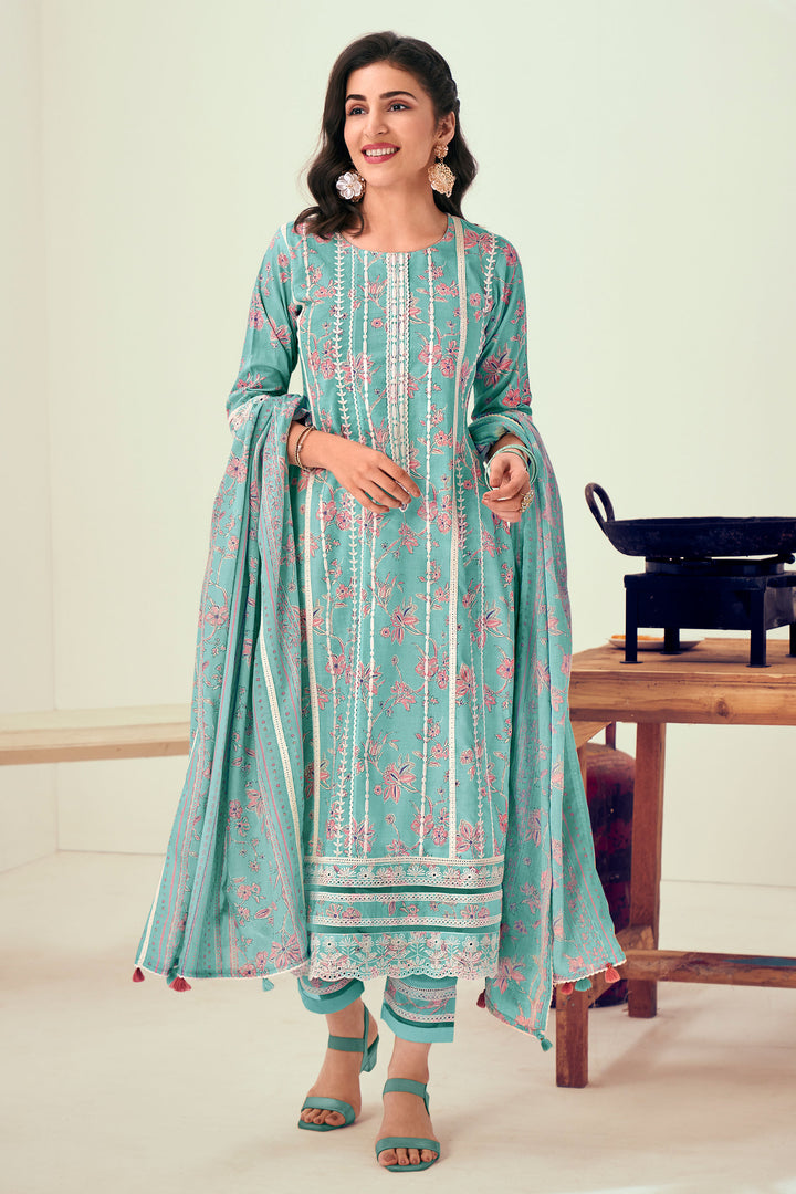 Light Cyan Color Pure Cotton Block Print With Embroidery Work Long Salwar Suit