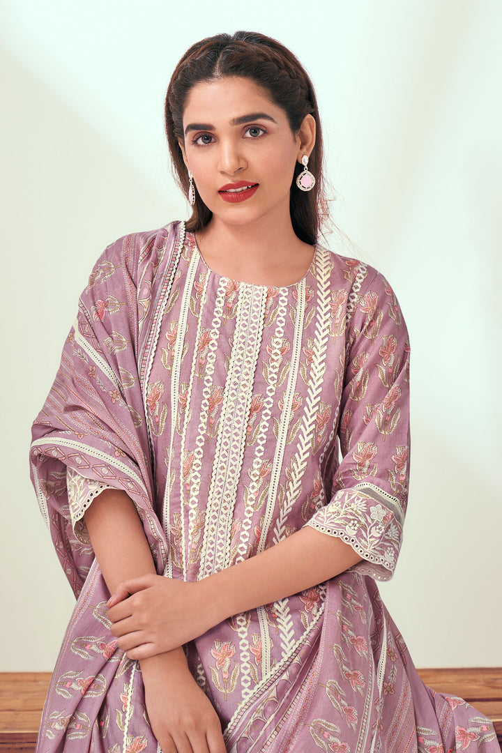 Lavender Pure Cotton Block Print With Embroidery Work Long Suit