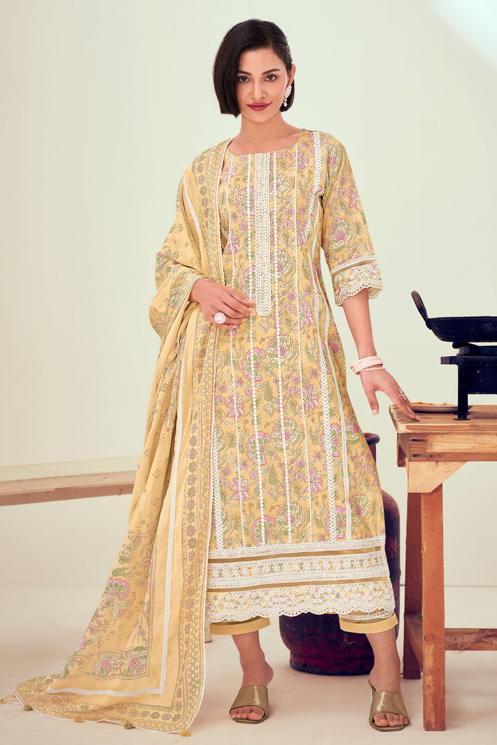 Peach Pure Cotton Block Print With Embroidery Work Long Dress