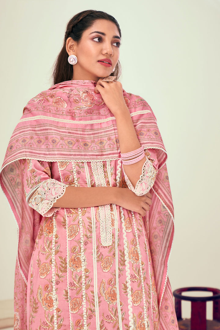 Pure Cotton Block Print With Embroidery Work Long Salwar Kameez In Pink Color